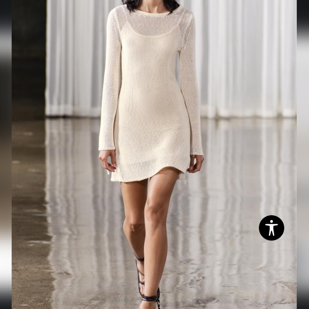 Zara - Tied Sleeve Knit Dress With Slip. Size/L. Color/Cream.